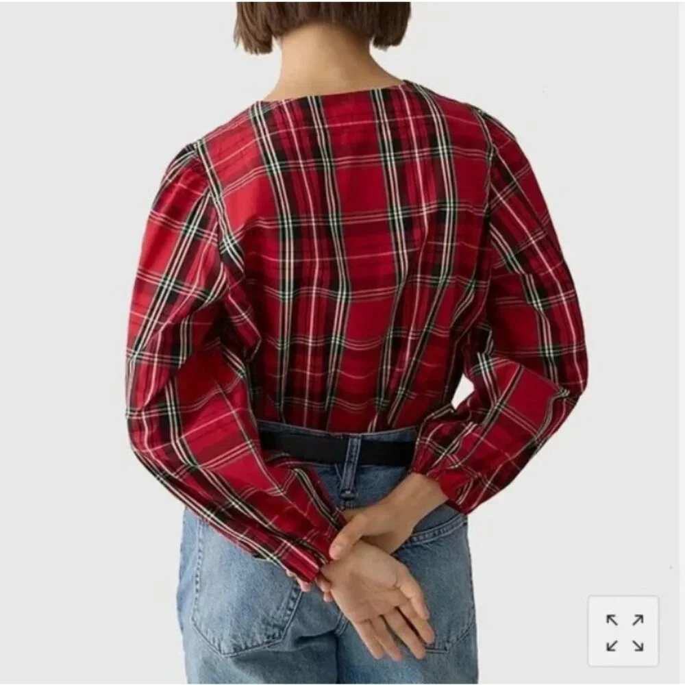 J. Crew Top Womens XXS Red Puff Sleeve Poplin Blouse Good Tidings Plaid‎ Cotton